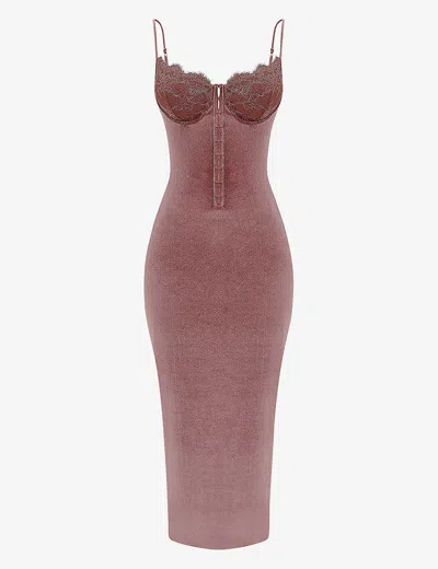 House Of Cb Womens Soft Pink Azalea Lace-cup Stretch-velvet Maxi Dress