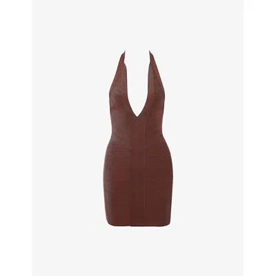 House Of Cb Of Cb Womens The Plunge Halter-neck Stretch-woven Mini Dress Brown