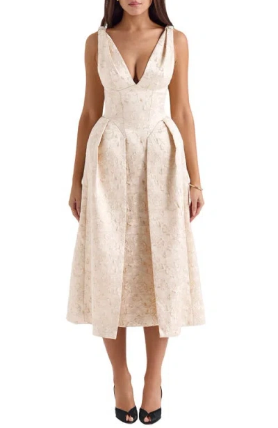 House Of Cb Paloma Plunge Neck Twist Strap Metallic Jacquard Midi Dress In Ivory