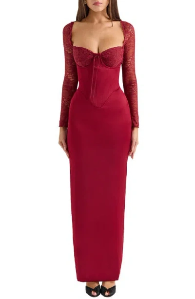 House Of Cb Perdi Corset Bodice Long Sleeve Gown In Rhubarb