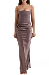House Of Cb Persephone Strapless Satin Corset Cocktail Dress In Pebble Grey