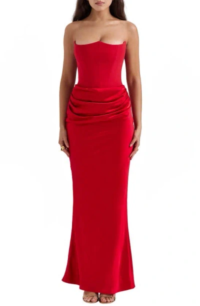 House Of Cb Persephone Strapless Satin Corset Cocktail Dress In Salsa
