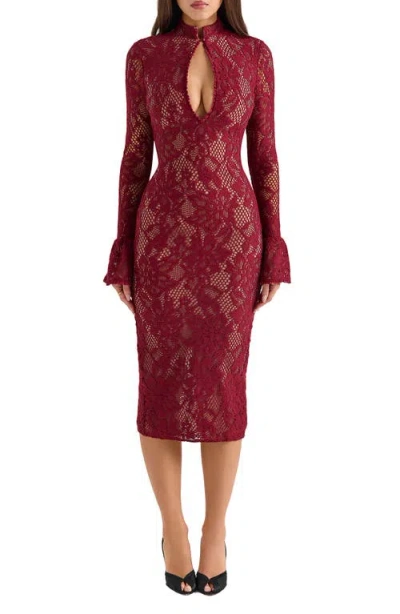House Of Cb Pierette Cutout Detail Long Sleeve Lace Body-con Dress In Rhubarb