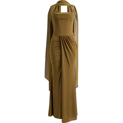 House Of Cb Portia Strapless Crepe Gown & Georgette Scarf Set In Green