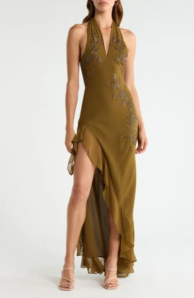House Of Cb Raquel Georgette Halter Maxi Gown In Green