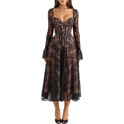 House Of Cb Raquel Long Sleeve Lace Corset Dress In Black