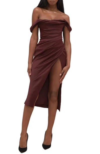 House Of Cb Rhoda Off The Shoulder Corset Midi Dress In Brown Raisin