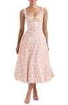 House Of Cb Womens Peach Poppy Rosalee Floral-print Bustier Stretch-cotton Midi Dress In Peached Poppy Print