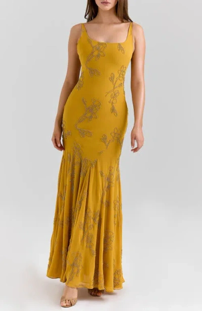 House Of Cb Rosalia Beaded Georgette Gown In Yellow