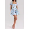 House Of Cb Rosie Puff Sleeve Stretch Cotton Mini Sundress In Yellow Rose Blue