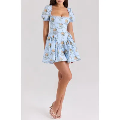 House Of Cb Rosie Puff Sleeve Stretch Cotton Mini Sundress In Yellow Rose Blue
