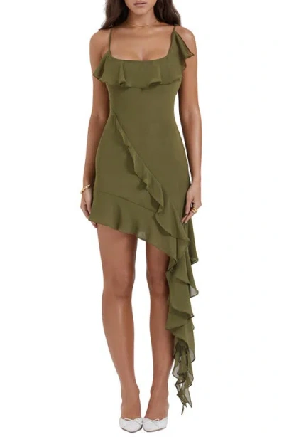 House Of Cb Ruffle Drape Asymmetric Minidress In Green