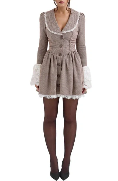 House Of Cb Sable Puppytooth Check Long Sleeve Lace Trim Minidress In Brown Check