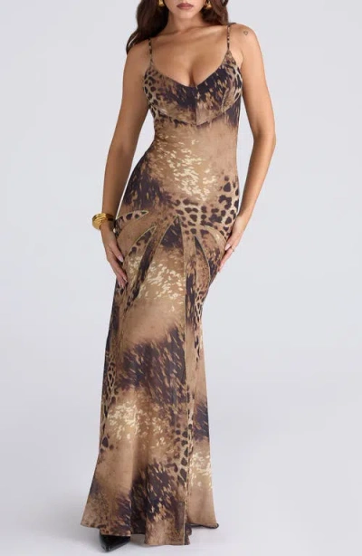 House Of Cb Sacha Print Georgette Gown In Brown