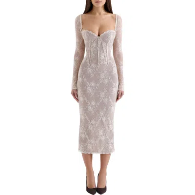 House Of Cb Saisha Long Sleeve Lace Cocktail Midi Dress In Vintage Cream