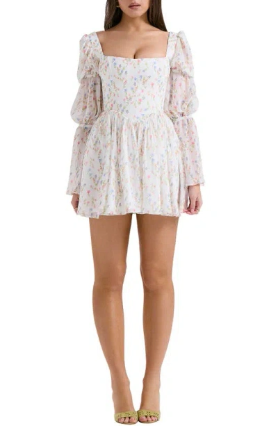 House Of Cb Sancia Floral Print Corset Long Sleeve Minidress In White/ Pink Floral Print