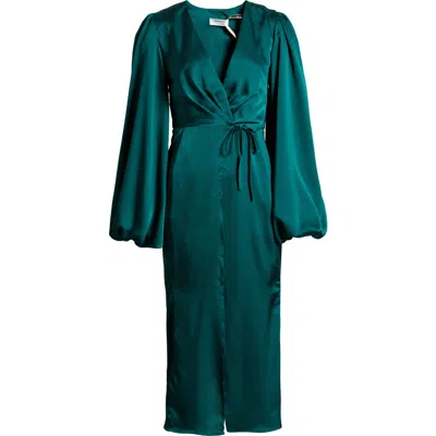 House Of Cb Shiloh Long Sleeve Satin Wrap Dress In Emerald Green