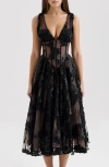 House Of Cb Sianna Lace Corset Cocktail Midi Dress In Black