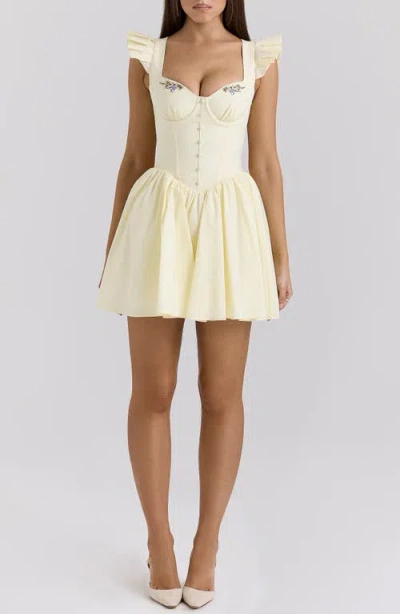 House Of Cb Sisi Embroidered Stretch Cotton Minidress In Lemon Icing