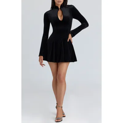 House Of Cb Stella Keyhole Long Sleeve Velvet Fit & Flare Minidress In Black