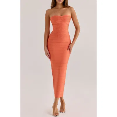 House Of Cb The Sweetheart Strapless Bandage Midi Dress In Coral
