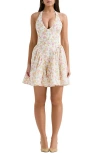 House Of Cb Valentia Plunge Halter Neck Stretch Cotton Minidress In Floral Print