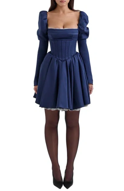 House Of Cb Venetia Puff Shoulder Lace Corset Minidress In Dress Blues