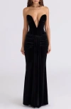 House Of Cb Vienne Deep Plunge Neck Velvet Gown In Black