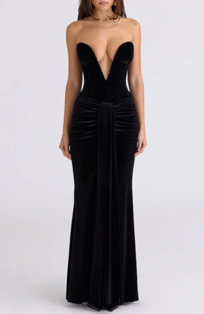 House Of Cb Vienne Deep Plunge Neck Velvet Gown In Black