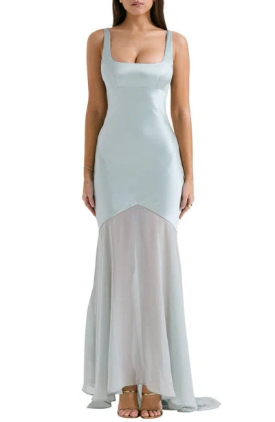 House Of Cb Vittoria Paneled Satin & Chiffon Gown In Aqua