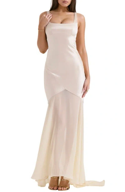 House Of Cb Vittoria Paneled Satin & Chiffon Gown In Macademia