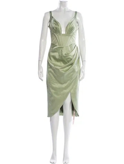 Pre-owned House Of Cb V-neck Midi Length Dress In Green