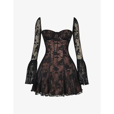 House Of Cb Womens Black Analissa Floral-pattern Lace Mini Dress