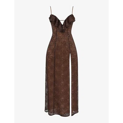 HOUSE OF CB WOMENS ESPRESSO LUCIANNA LACE-EMBROIDERED SLIM-FIT WOVEN MAXI DRESS XS