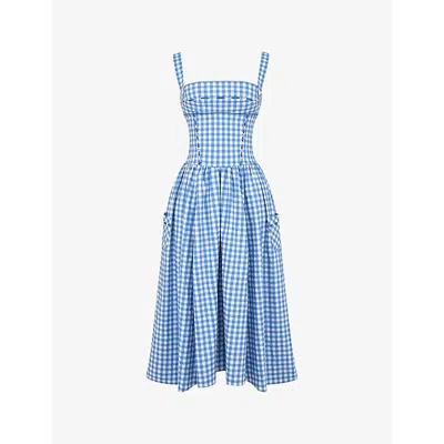 House Of Cb Womens Regatta Blue Vivien Gingham Stretch-woven Midi Dress L In Regatta Blue