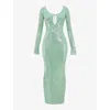 House Of Cb Titania Sequin Long Sleeve Gown In Seafoam