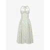 House Of Cb Womens Soft Blue Vintage Adabella Flower-pint Cotton-blend Midi Dress