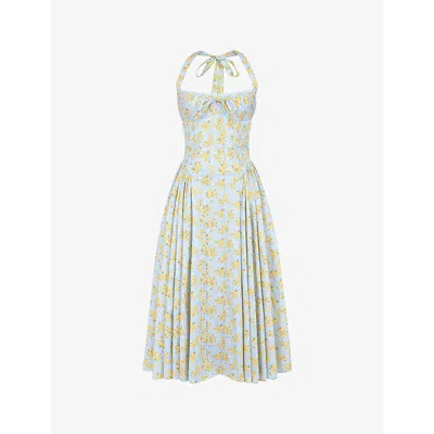 House Of Cb Womens Soft Blue Vintage Adabella Flower-pint Cotton-blend Midi Dress In Soft Blue Vintage