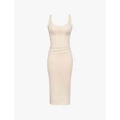 House Of Cb Womens Almond Samya Corset-bodice Stretch-woven Midi Dress In Neutral