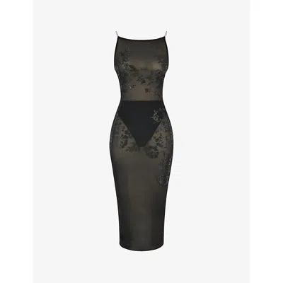 HOUSE OF CB WOMENS BLACK AMIRAH RHINESTONE-EMBELLISHED STRETCH-WOVEN MIDI DRESS