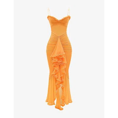 House Of Cb Womens Apricot Gabbi Ruffle-trim Stretch-woven Maxi Dress