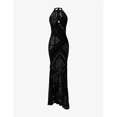 House Of Cb Womens Black & Gold Oliviana Halterneck Velvet Maxi Dress In Multi