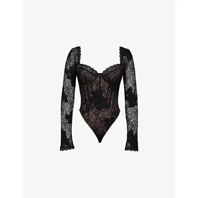 House Of Cb Womens Black Aneira Long Sleeve Lace Bodysuit