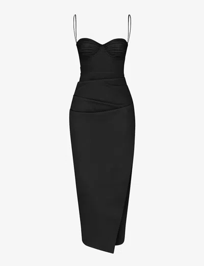 House Of Cb Womens Black Flora Pleated Cup Corset Satin Maxi Dress