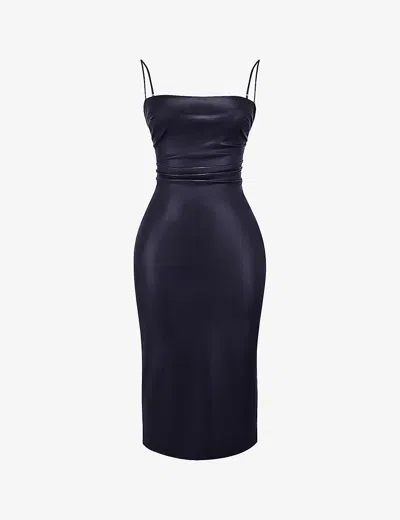 House Of Cb Womens Black Jalena Square-neckline Faux-leather Midi Dress