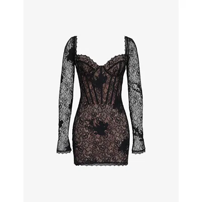 House Of Cb Womens Black Lucienne Stretch Floral-lace Mini Dress