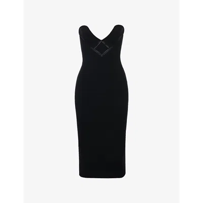 House Of Cb Womens Black Magdalena Sweetheart-neck Embroidered Stretch-knit Midi Dress