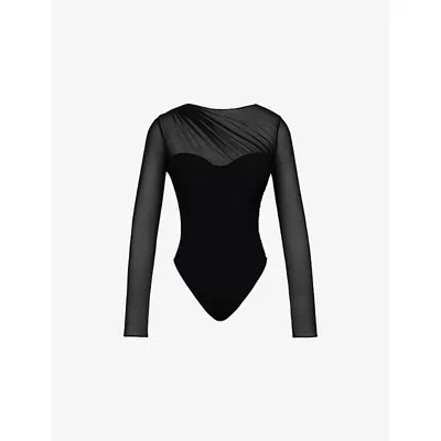 House Of Cb Womens Black Orelia Draped Stretch-mesh Bodysuit