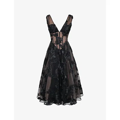 House Of Cb Womens  Sianna Plunge-neck Embroidered Woven Midi Dress In Black