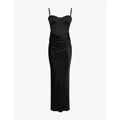 House Of Cb Womens Black Valentina Draped Corset Satin Maxi Dress
